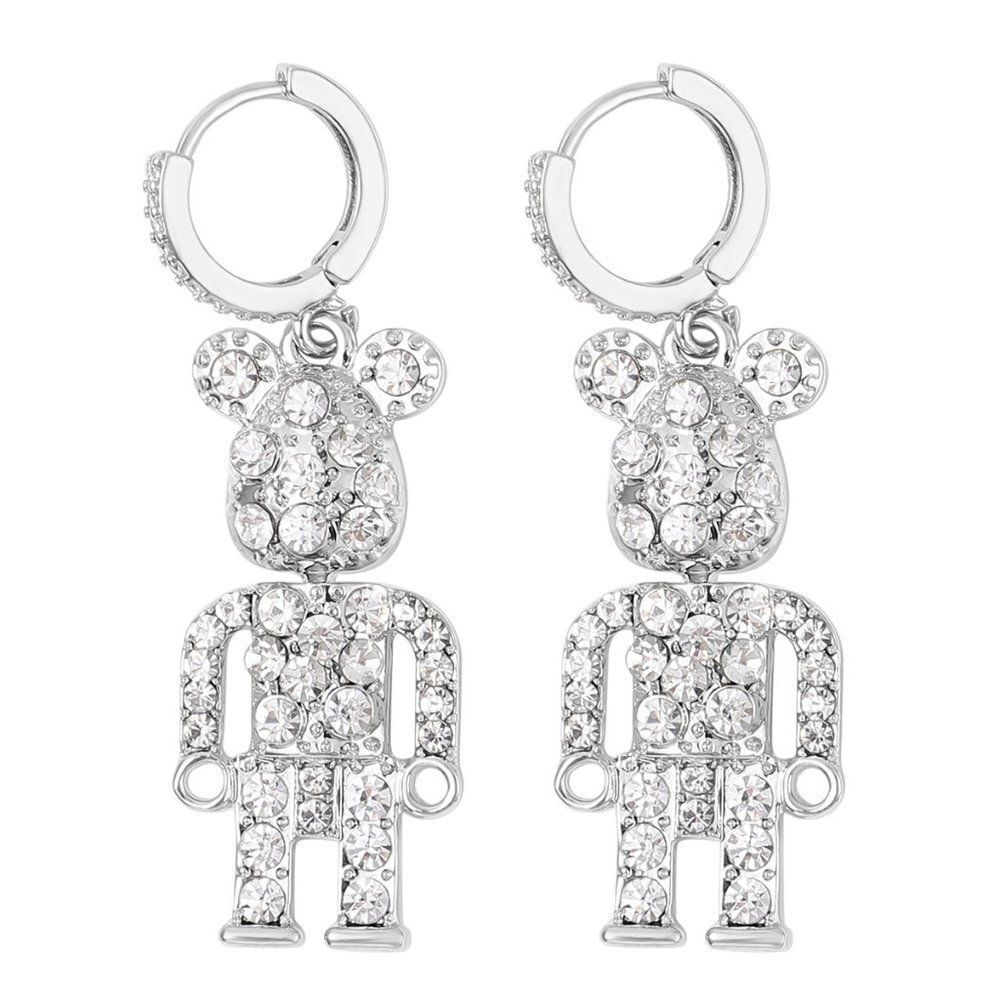 White Crystal Bear Earrings in Silvertone